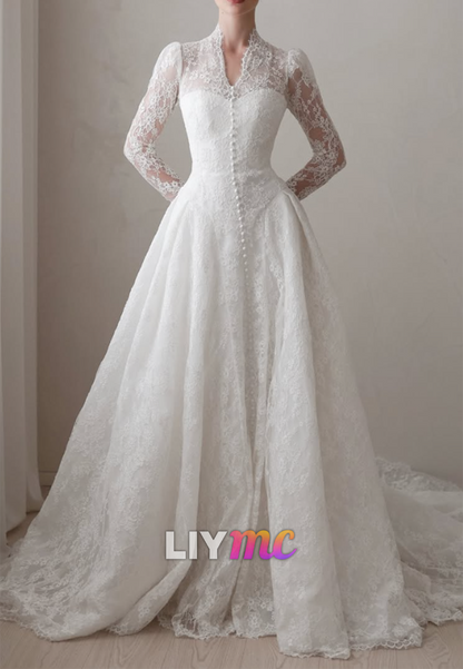 Lace Long-Sleeve Wedding Dress with High Collar