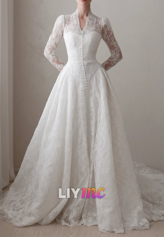 Lace Long-Sleeve Wedding Dress with High Collar