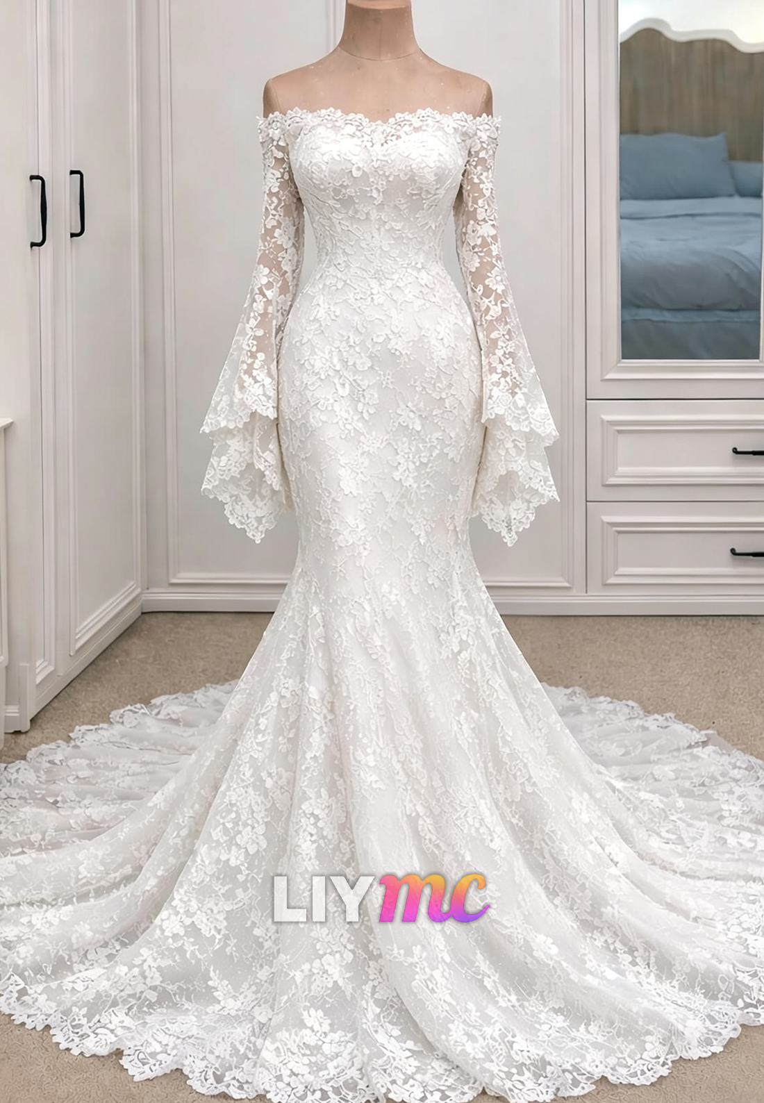 Off Shoulder Lace Mermaid Wedding Dress with Long Sleeves