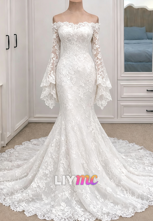 Off Shoulder Lace Mermaid Wedding Dress with Long Sleeves