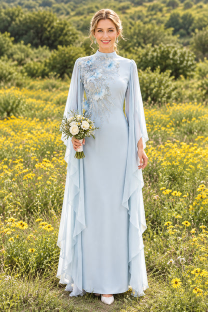 Embellished Cape Sleeve High Neck Evening Gown