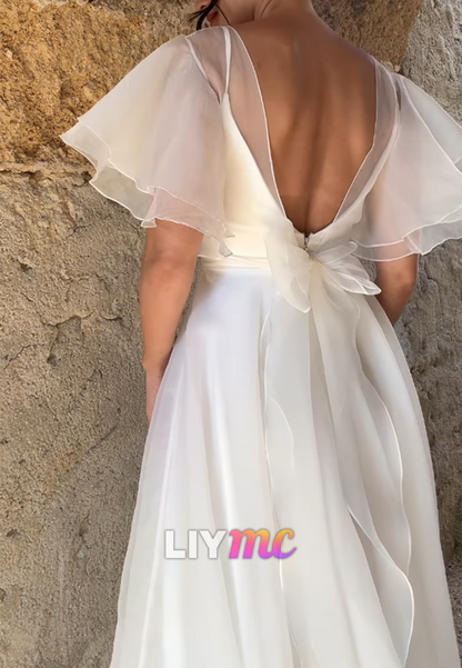 Flutter Sleeve A-Line Bridal Gown with Low V-Back