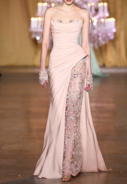 Strapless Satin Gown with Beaded Illusion High-Slit Skirt