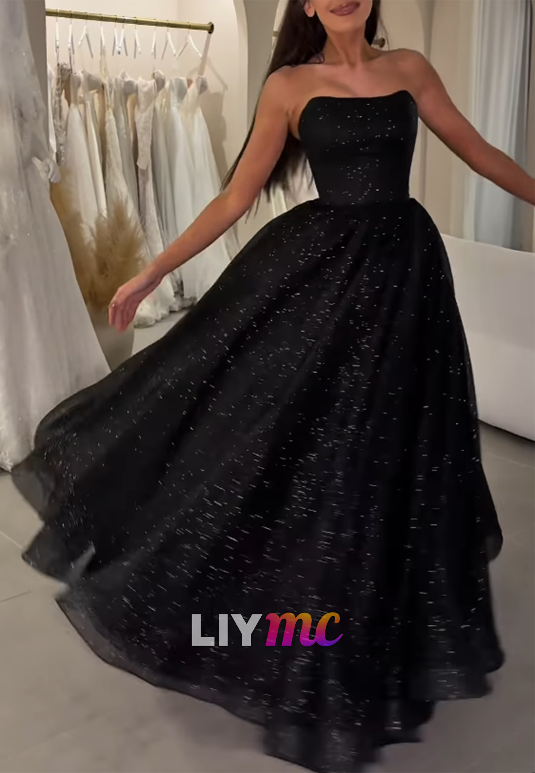 Strapless Glitter Ball Gown with Lace-Up Corset