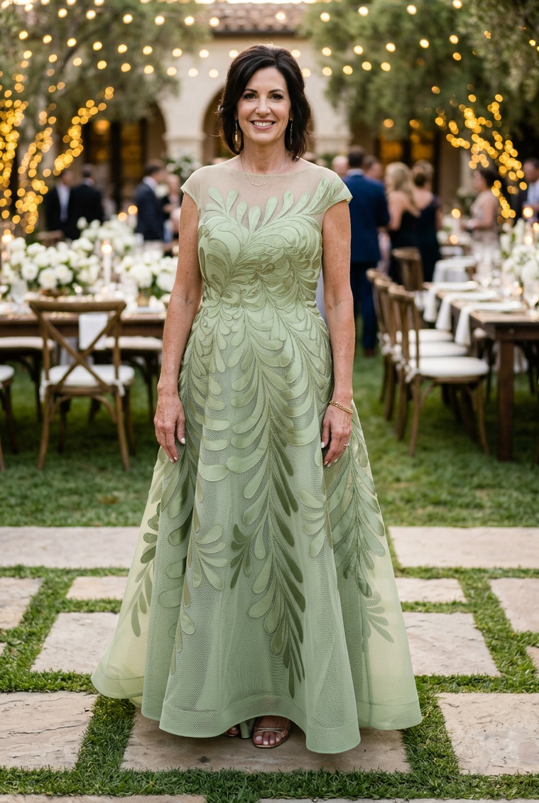 Embroidered Mesh A-Line Gown with Cap Sleeves