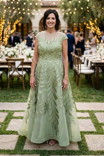 Embroidered Mesh A-Line Gown with Cap Sleeves
