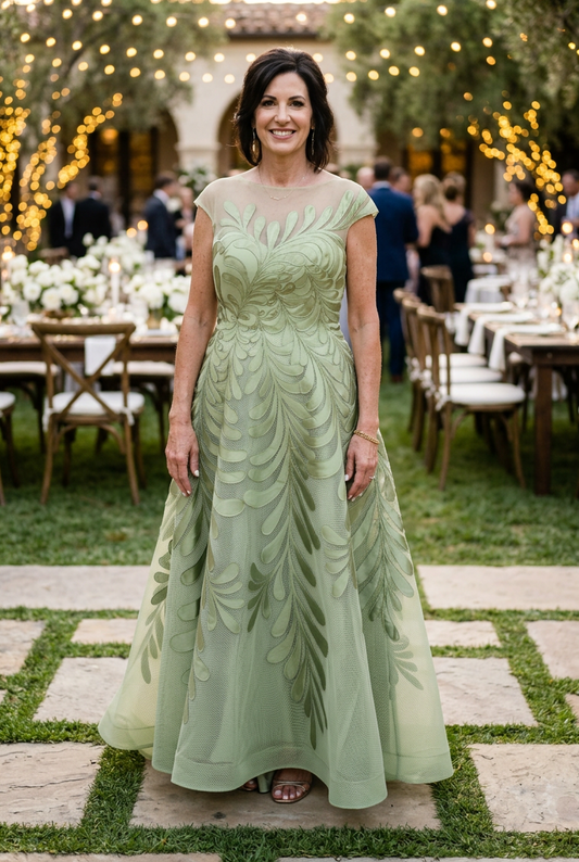 Embroidered Mesh A-Line Gown with Cap Sleeves