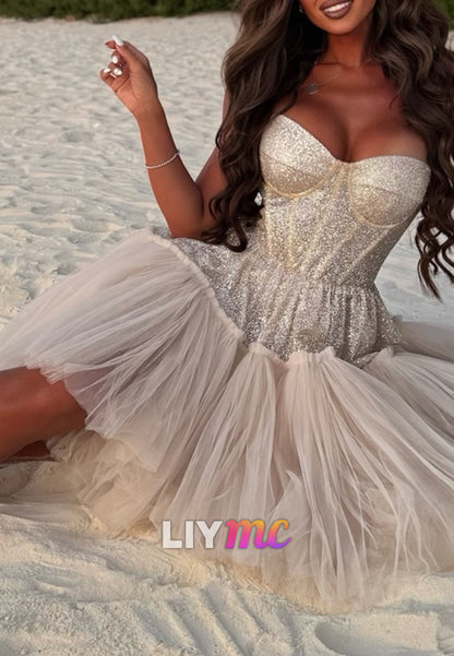 Strapless Glitter Corset Tulle Mini Dress