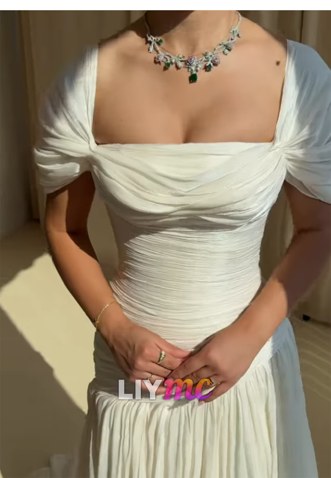 Ruched Drop-Waist Gown with Draped Cap Sleeves