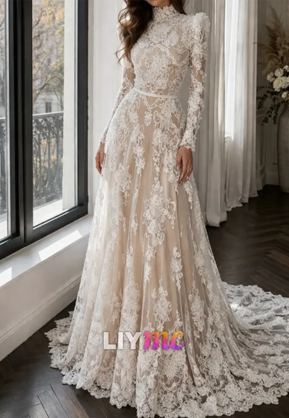High Neck Lace Long Sleeve A-Line Wedding Dress