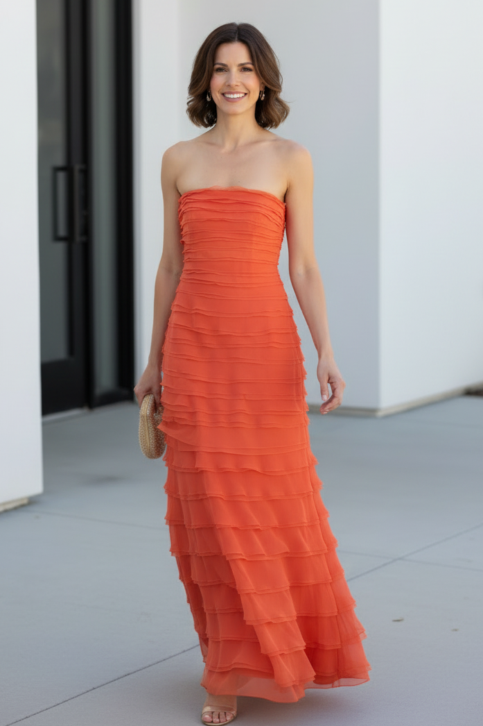 Strapless Tiered Ruffle Organza A-Line Gown