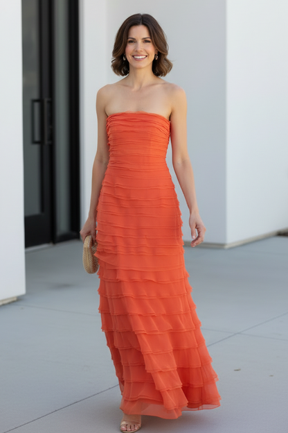 Strapless Tiered Ruffle Organza A-Line Gown