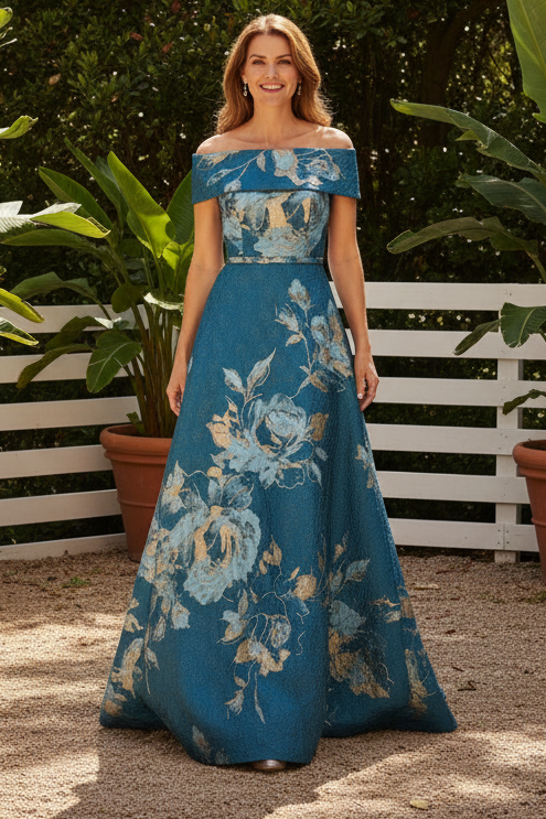 Off-the-Shoulder Floral Jacquard A-Line Evening Gown