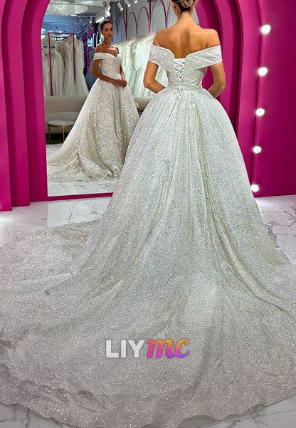 Off-the-Shoulder Glitter Ball Gown Wedding Dress