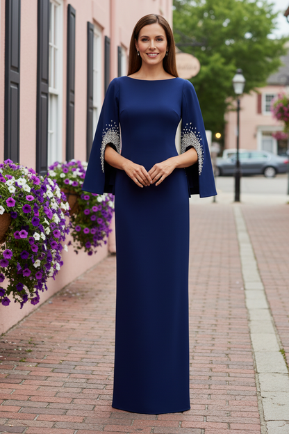 Bateau Neck Crepe Column Gown with Embellished Sleeves