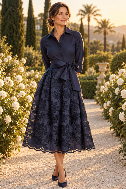 Embroidered A-Line Midi Shirt Dress with Sash