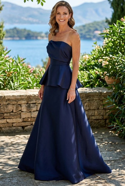 Strapless Peplum Satin Floor-Length Gown