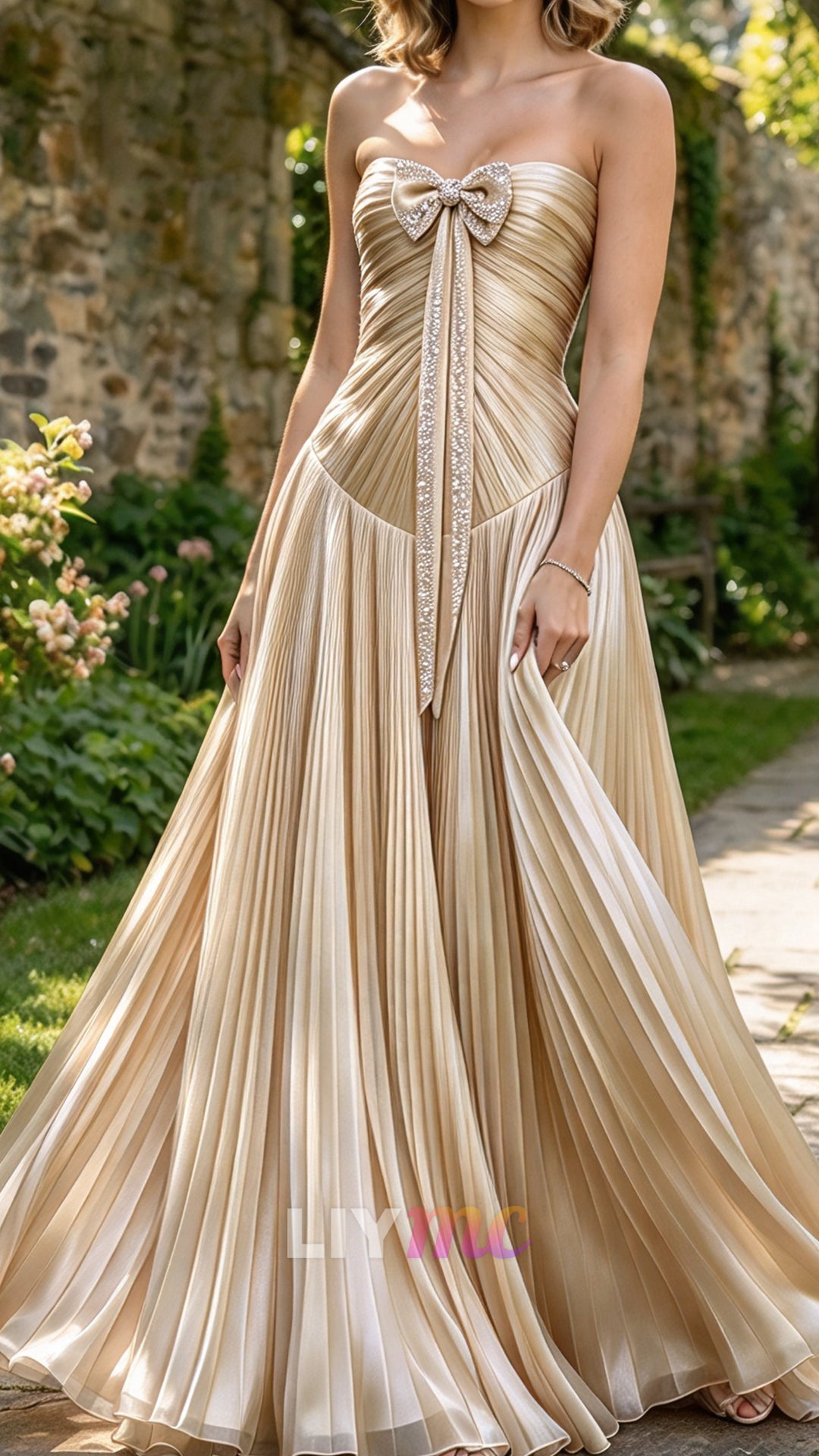 Strapless Pleated Evening Gown with Bow Accent