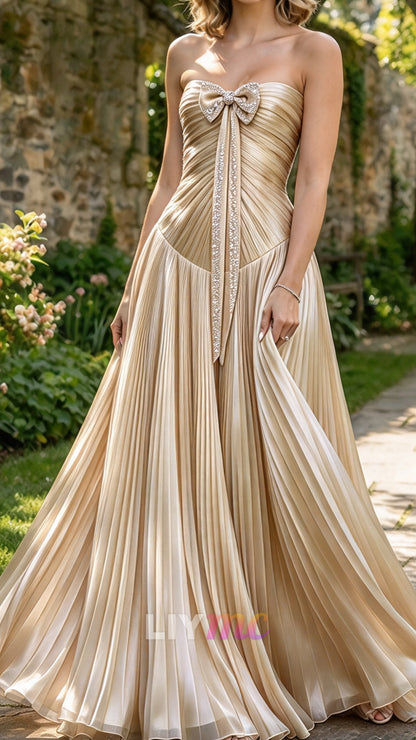 Strapless Pleated Evening Gown with Bow Accent