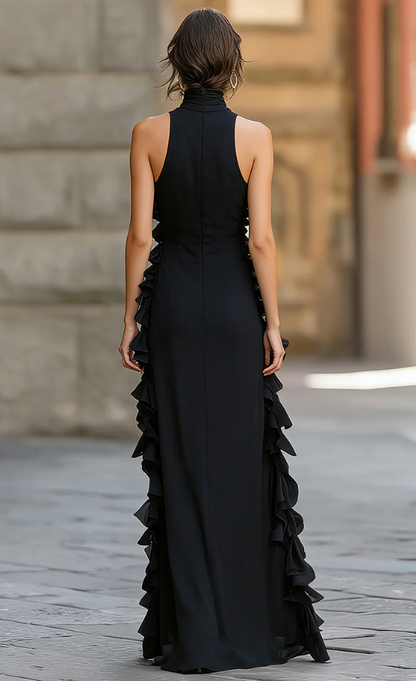 Sleeveless Ruffle-Trimmed Pleated Evening Gown