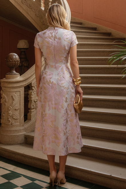 Jacquard Midi Dress with Stand Collar & Draped Skirt