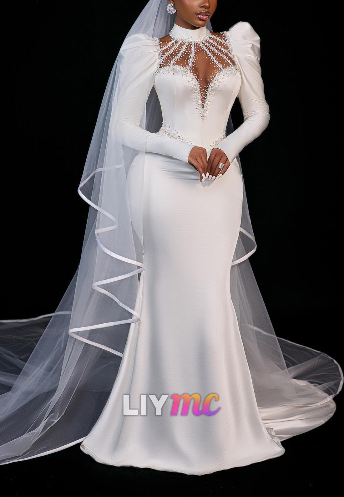 Beaded High Neck Puff Sleeve Mermaid Wedding Dress