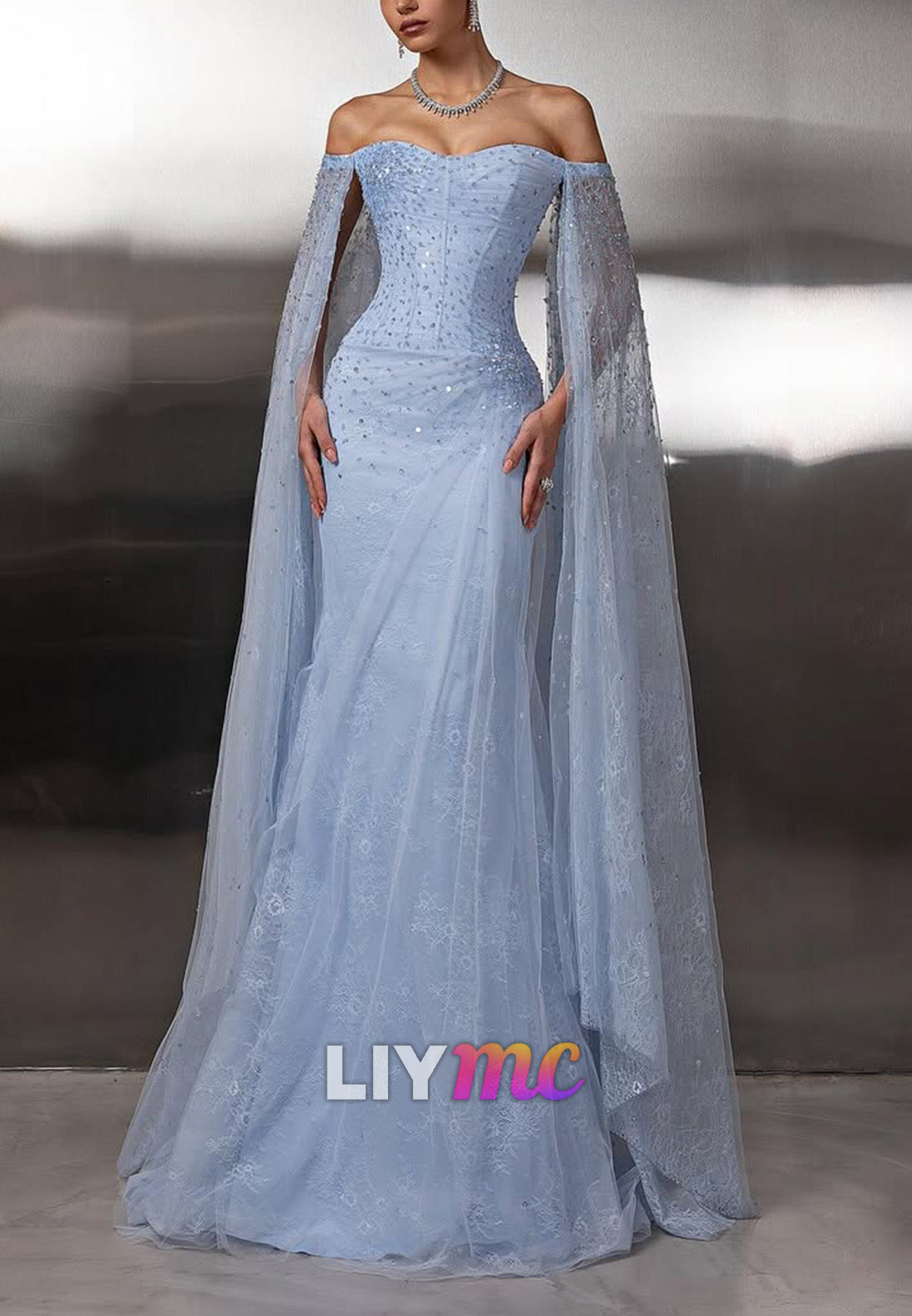 Off-the-Shoulder Sequin Cape Gown