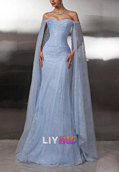 Off-the-Shoulder Sequin Cape Gown
