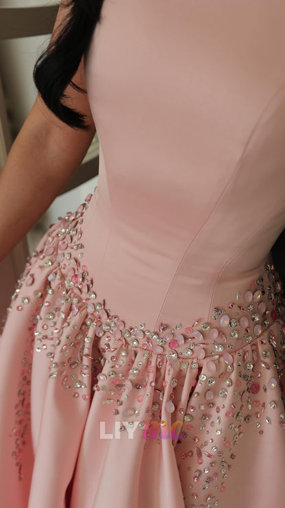 Strapless Beaded Waist Satin Ball Gown