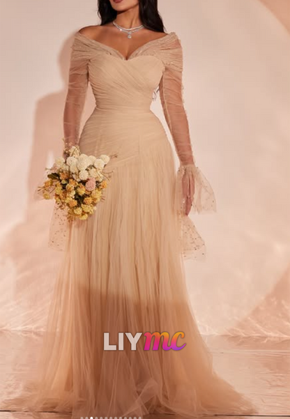 Off-Shoulder Ruched Tulle Gown with Bell Sleeves