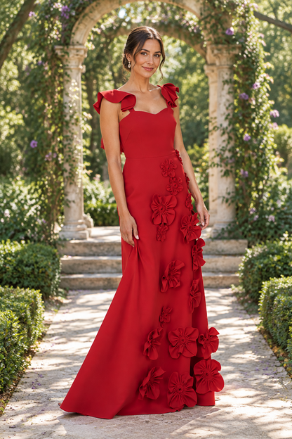 3D Floral Ruffled Maxi Dress with Sweetheart Neck