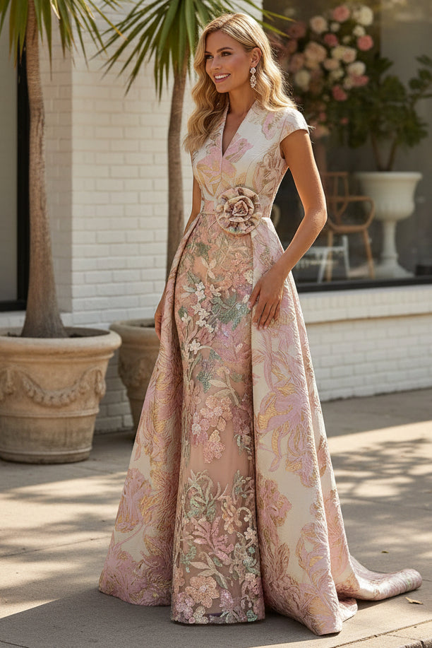 Jacquard Gown with Embroidered Underdress & Overskirt