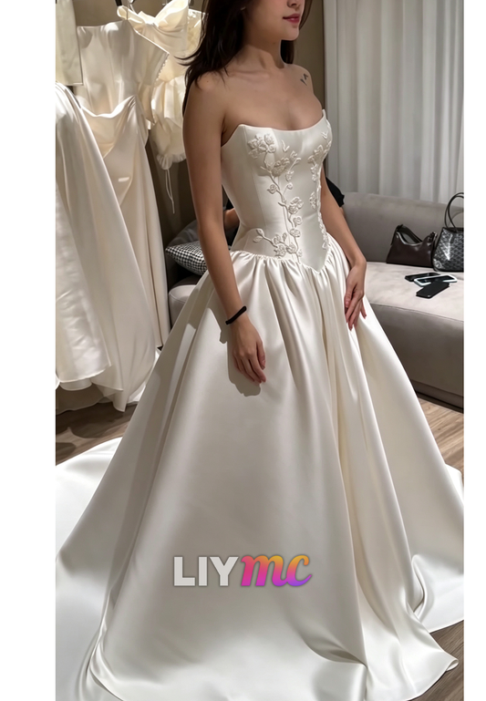 Strapless Floral Embroidered Satin Ball Gown