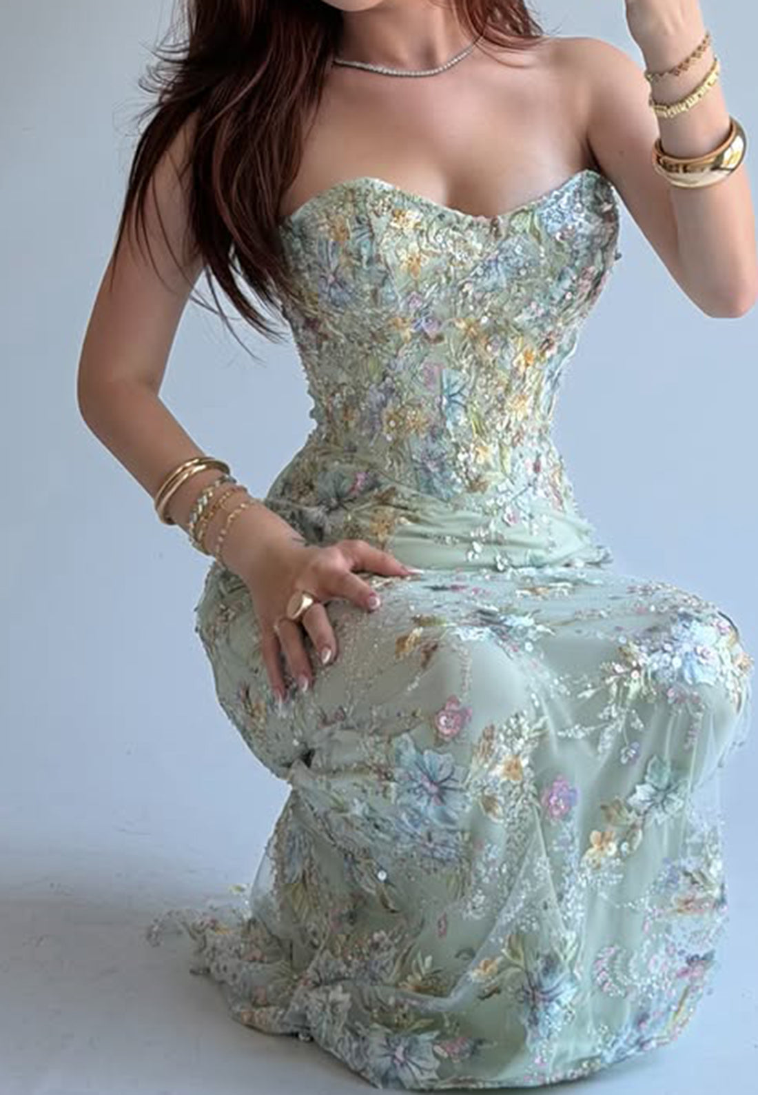 Strapless Floral Embroidered Sequin Mermaid Evening Gown