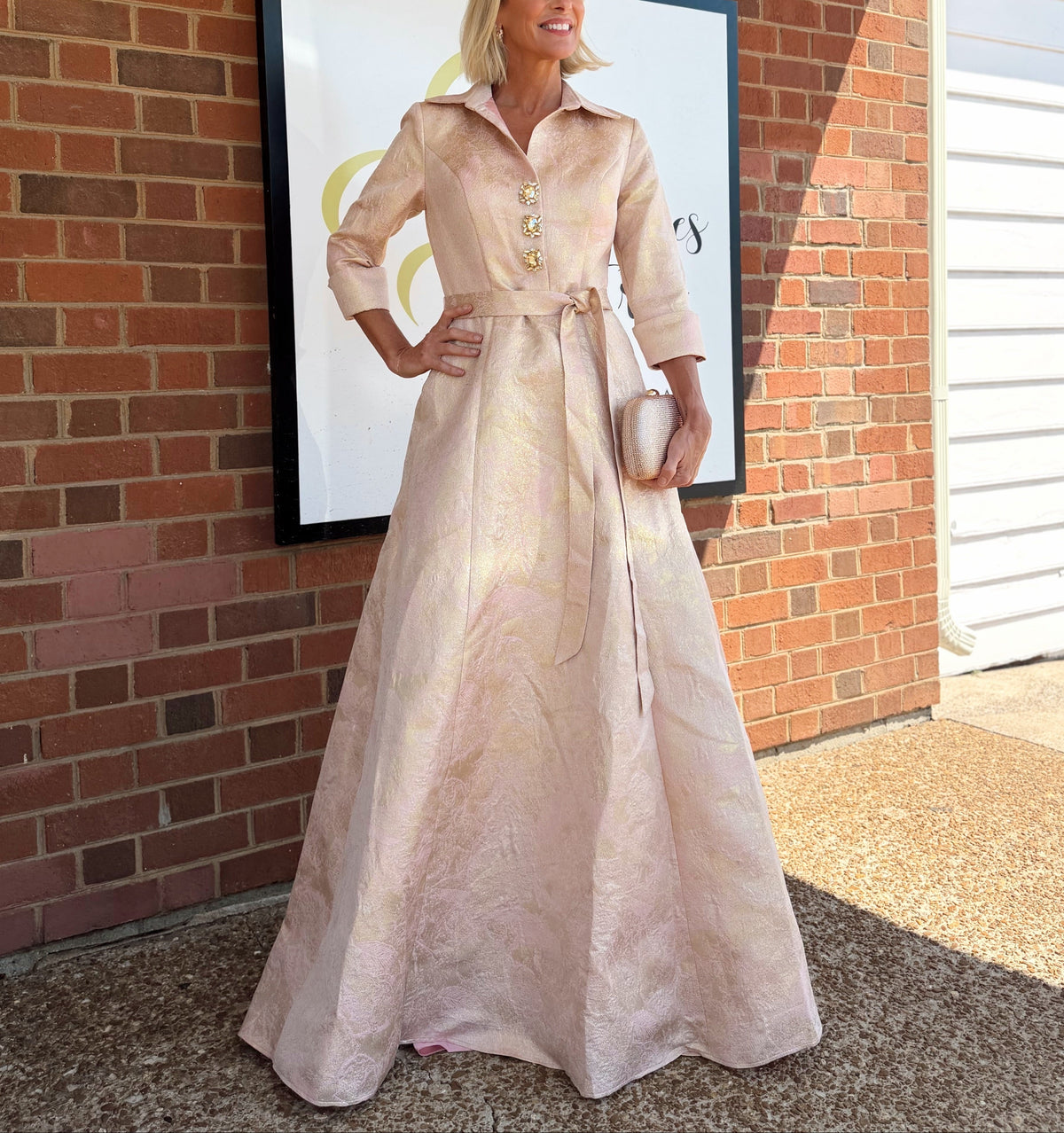 Collared Brocade A-Line Gown with Tie Belt