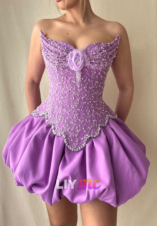 Strapless Lace Corset Mini Dress with Bubble Skirt