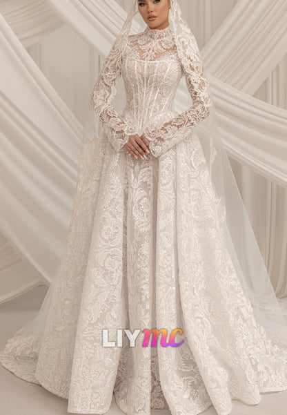 High Neck Lace Long Sleeve Wedding Dress with Overskirt