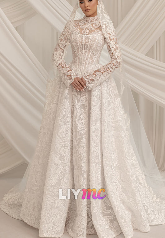 High Neck Lace Long Sleeve Wedding Dress with Overskirt