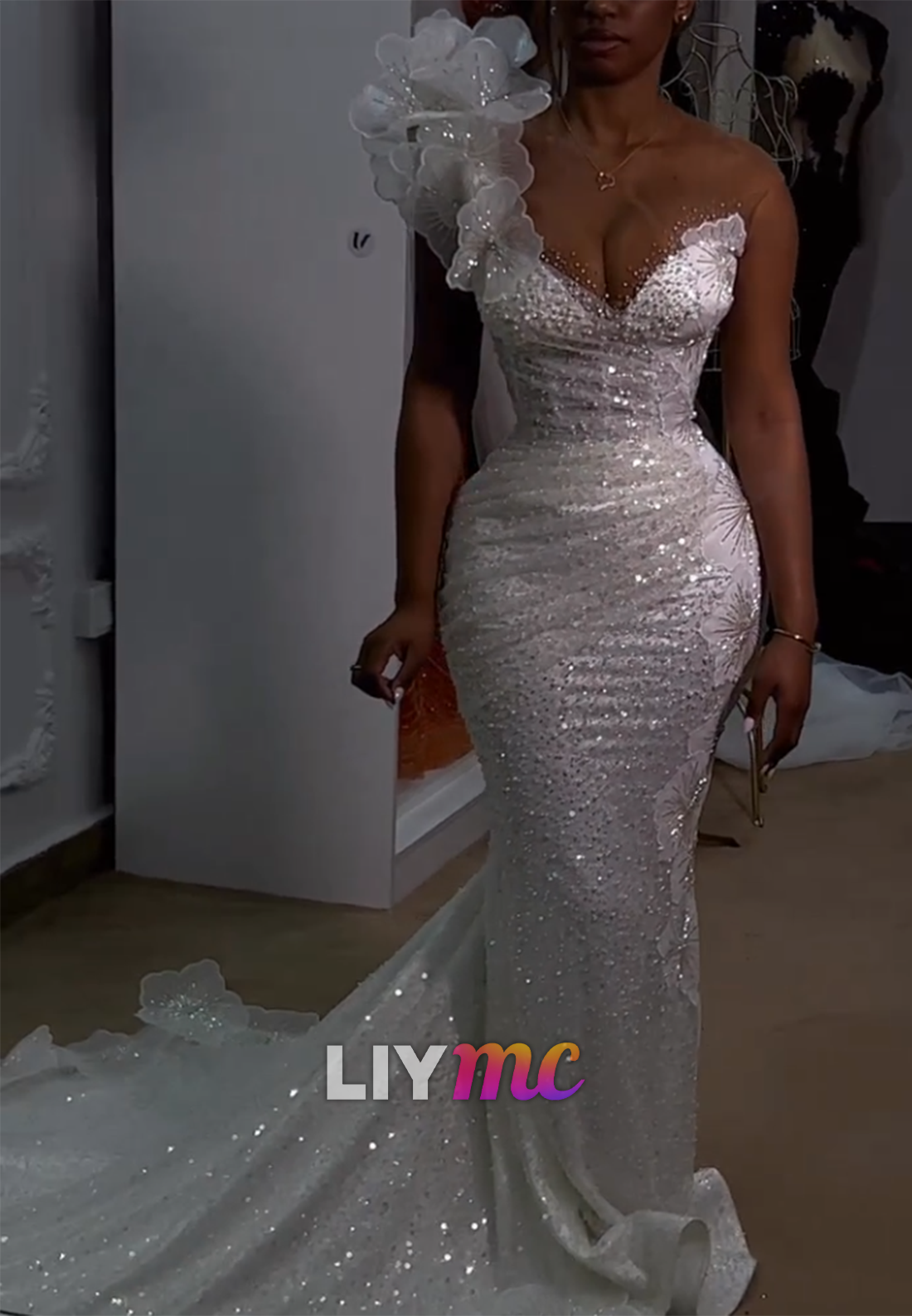 One-Shoulder Floral Sequin Mermaid Gown with Train