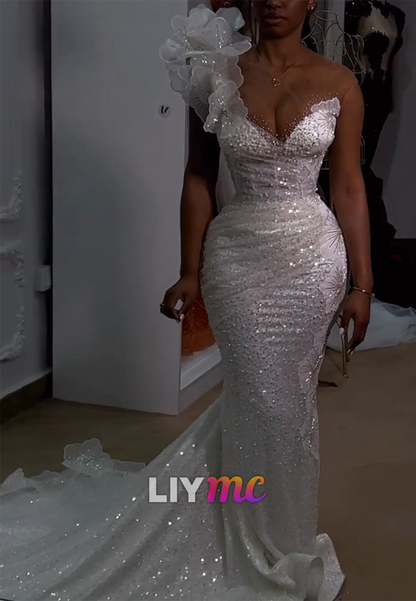 One-Shoulder Floral Sequin Mermaid Gown with Train