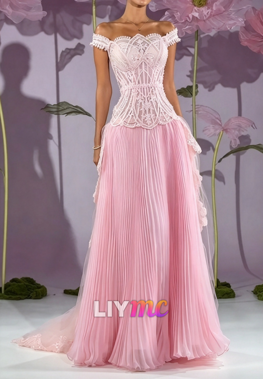 Off-the-Shoulder Corset Gown with Pleated Skirt