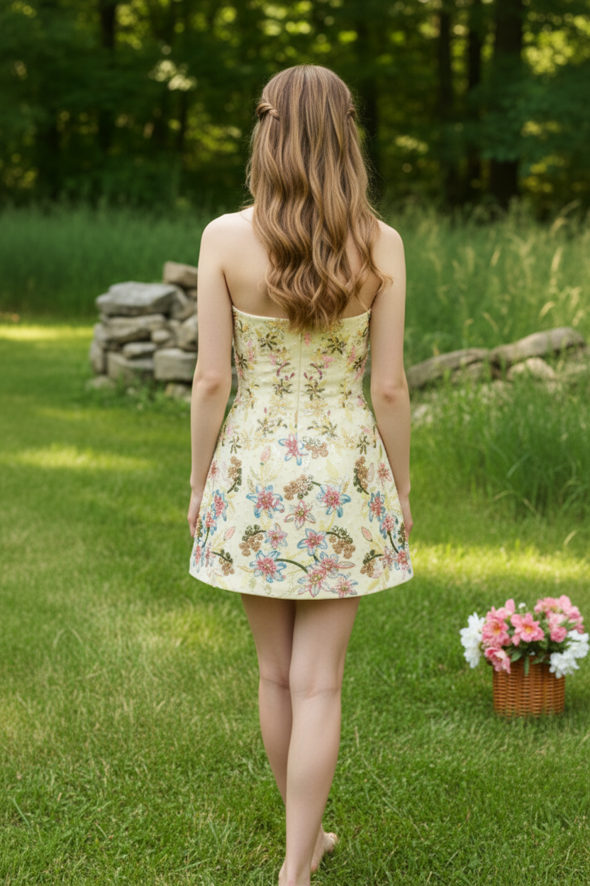 Strapless Embroidered Floral Beaded Mini Dress