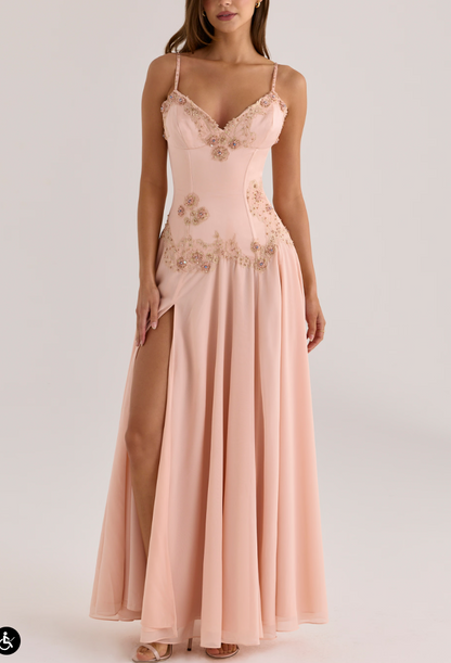Beaded Corset Chiffon A-Line Gown with Slit