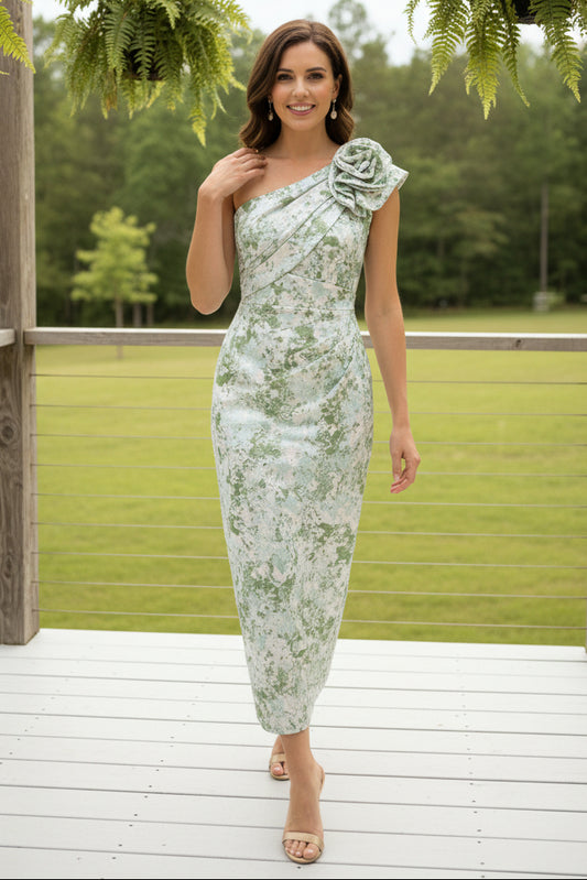 One-Shoulder Floral Jacquard Midi Dress