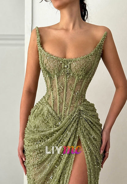 Beaded Corset Evening Dress with High Slit