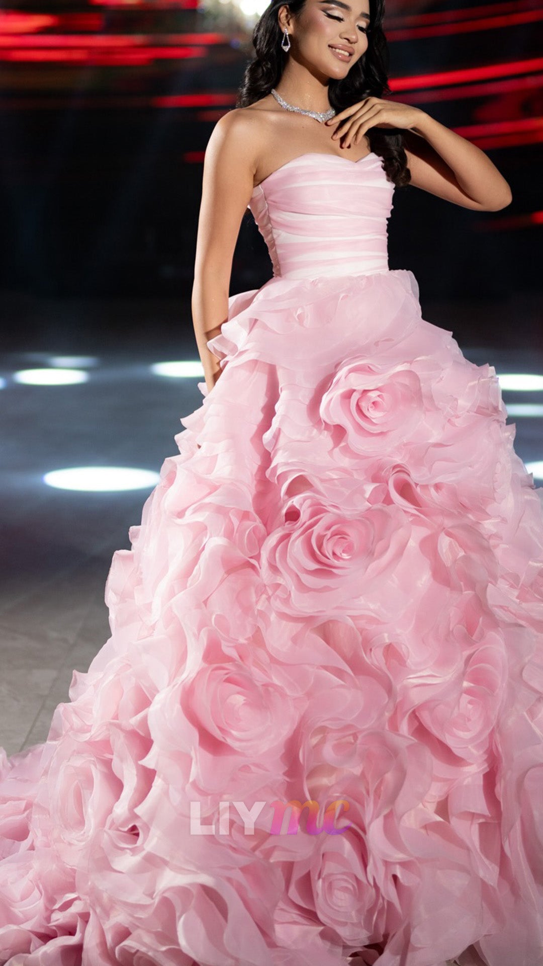 Strapless Rosette Tiered Ball Gown