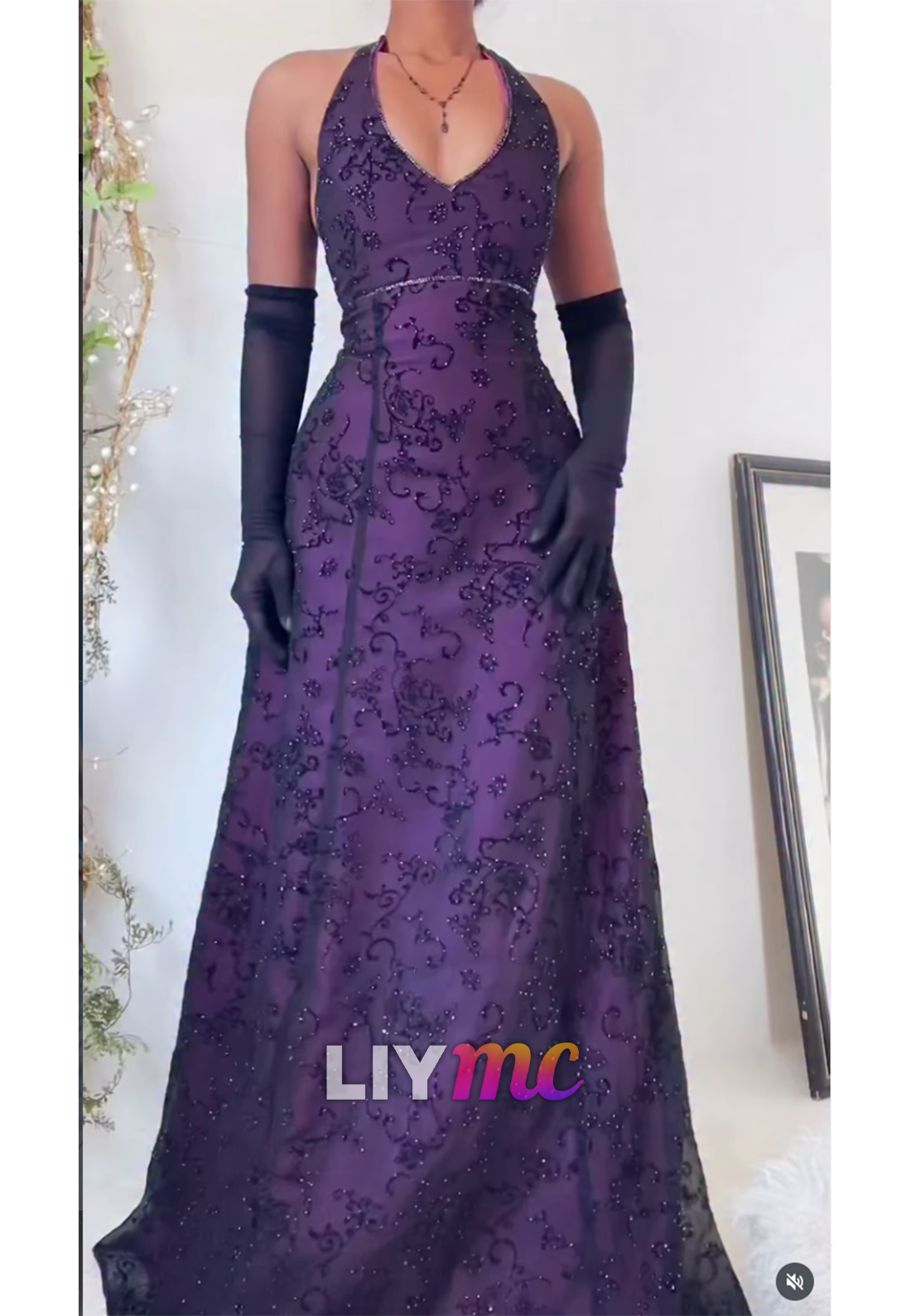 Embroidered Beaded Halter Evening Gown