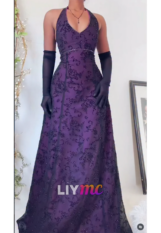 Embroidered Beaded Halter Evening Gown