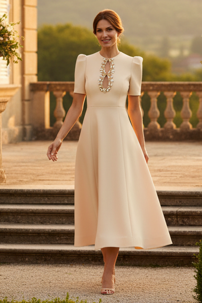 Crystal-Embellished Keyhole Midi A-Line Dress