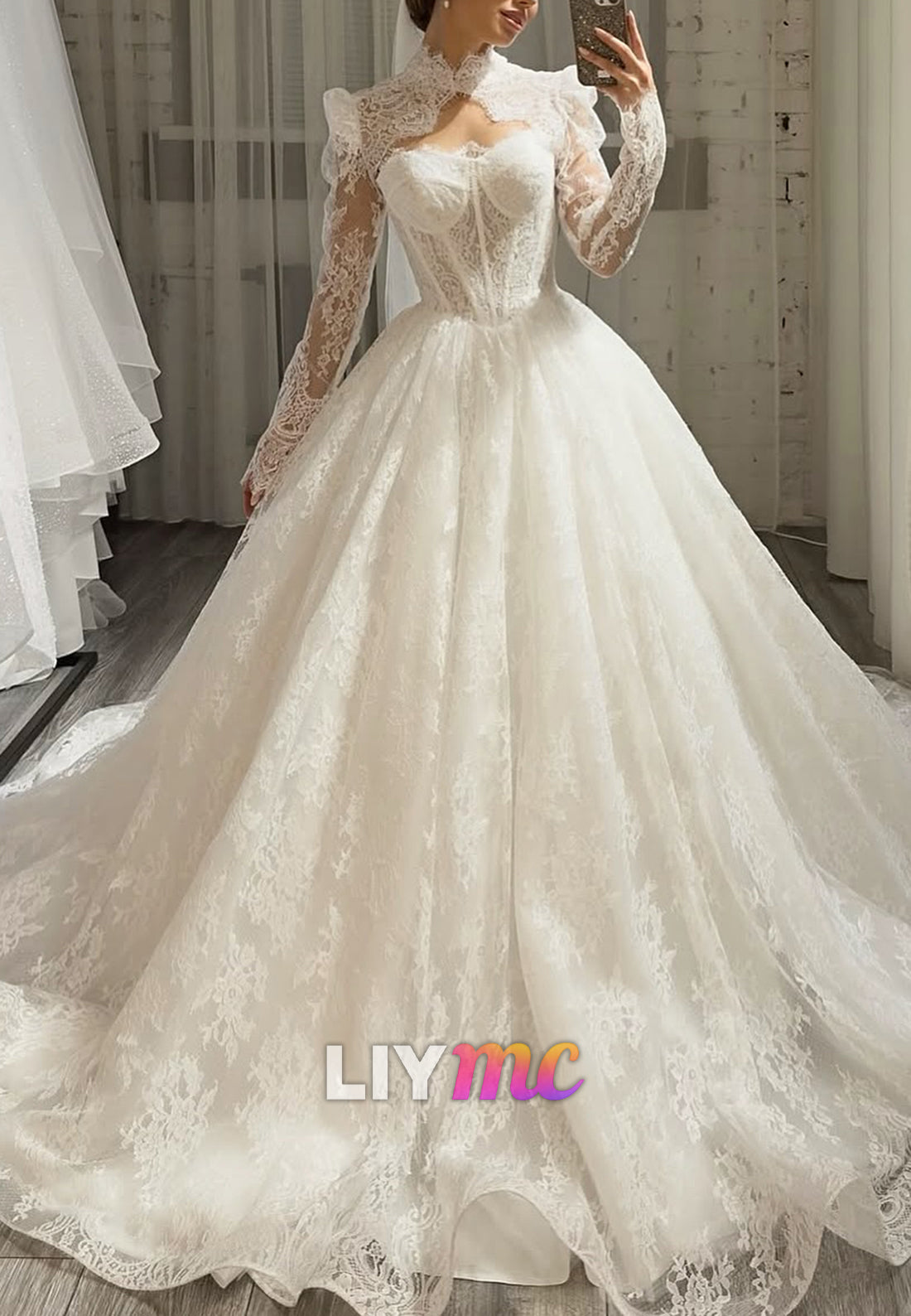 Convertible Ball Gown Wedding Dress with High-Neck Topper